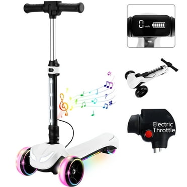 3 Wheels Electric Scooter for Kids w/LCD Screen, Bluetooth Music, Light-Up Stem Deck & Wheels, 3 Heights Adjustable, 5MPH Safe Speed, Foldable Kids Electric Scooter for Boys Girls Ages 3-12, White