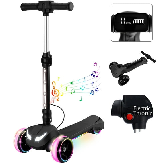 3 Wheels Electric Scooter for Kids w/LCD Screen, Bluetooth Music, Light-Up Stem Deck & Wheels, 3 Heights Adjustable, 5MPH Safe Speed, Foldable Kids Electric Scooter for Boys Girls Ages 3-12, Black