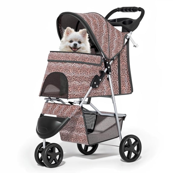 3 Wheels Pet Dog Cat Stroller for Small Medium Dogs Cats, Lightweight Foldable Jogger Stroller w/Storage Basket & Cup Holder, Leopard Print