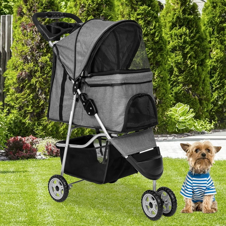 3 Wheels Pet Stroller Folding Dog Stroller Cat Stroller with Cup Holder Storage Basket for Medium Small Dogs Cats Grey