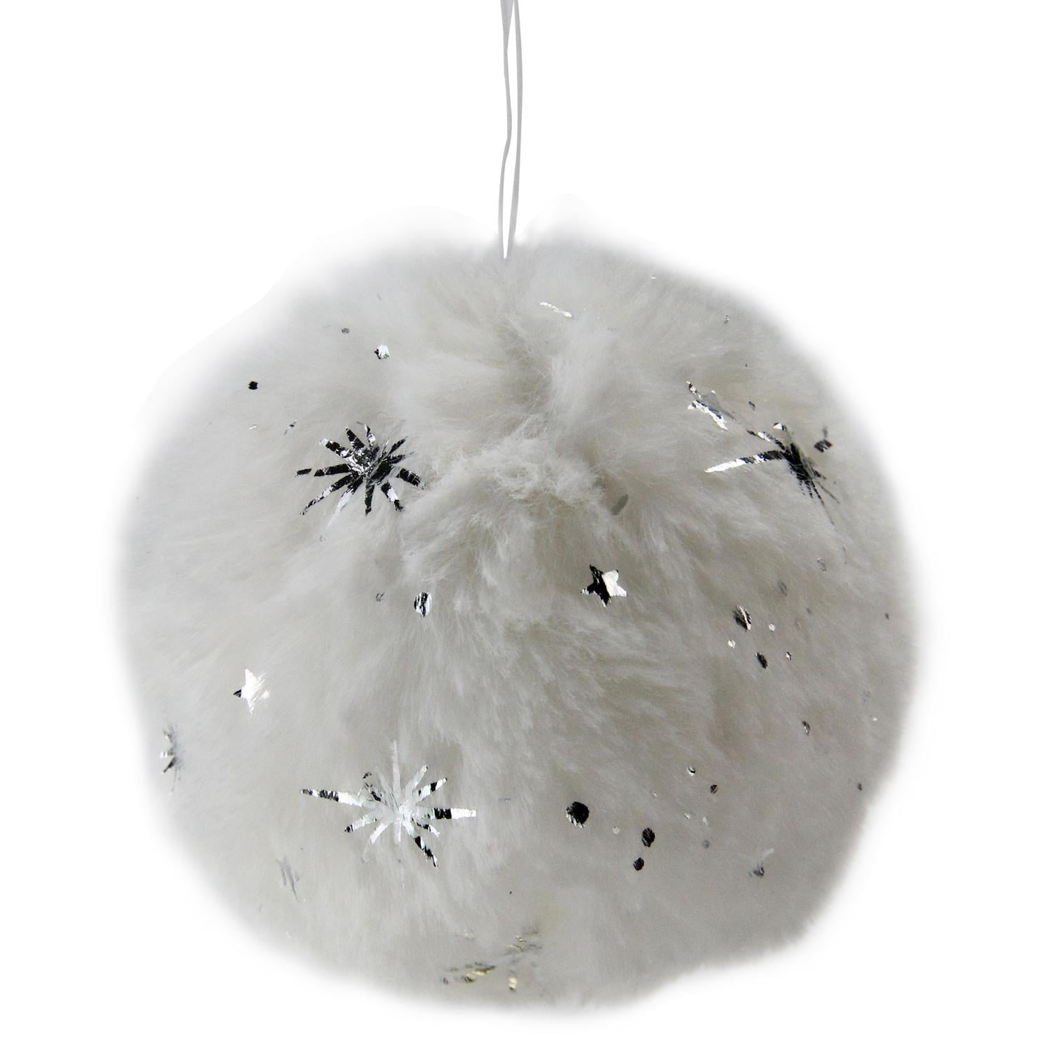 3 White Faux-Fur and Silver Star Adorned Plush Christmas Ball Ornament 