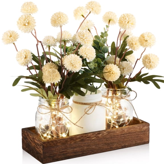 3 White Kiku Flower Mason Jar Table Centerpieces With Eucalyptus Wood Tray And LED Light