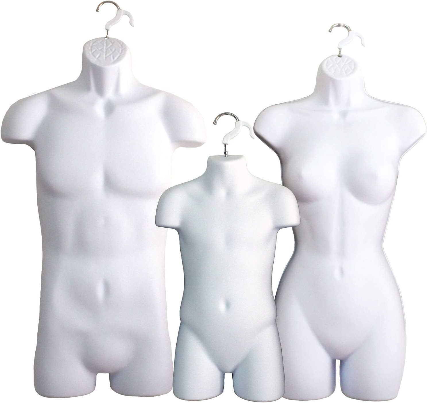 3 White Mannequin Forms - Male Female & Child Torso Set & Hanging Hook, S-M Sizes