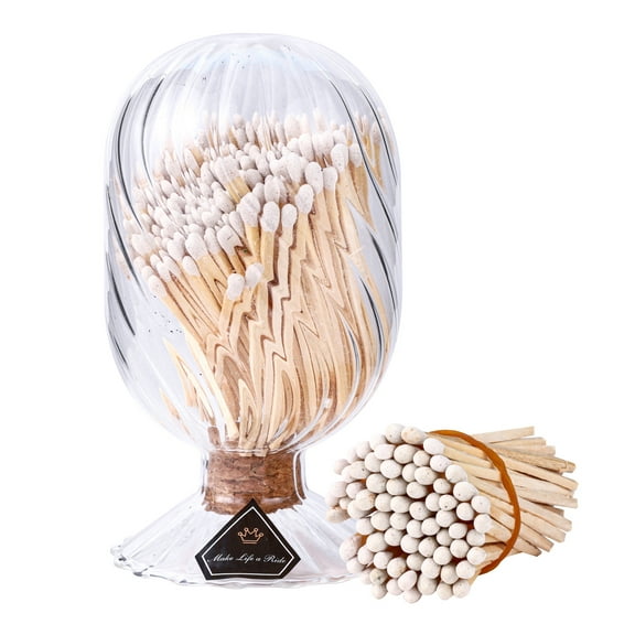 3'' White Matches Included, Match Holder with Candle Matches, Match Cloche with Striker, Long Fireplace Matches for BBQ Grill, Matches in a Jar with Striker, 100Pcs Safety Matches for Candles