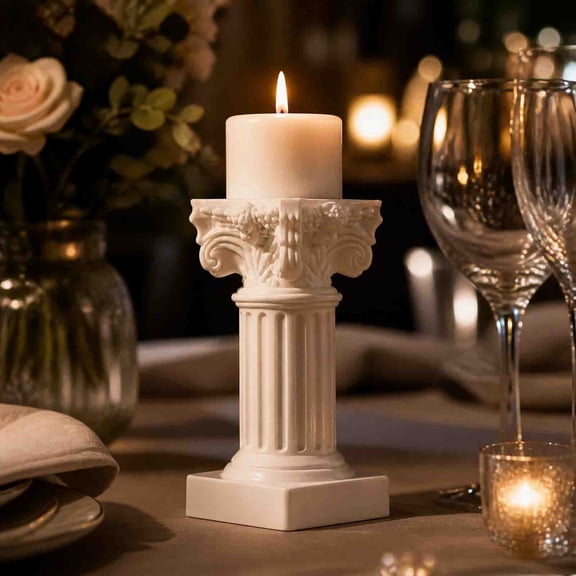 3 White Resin Roman Column Candle Holders Set, Classical Pillar Candlesticks for Home Decor Wedding Centerpiece Photography Prop Mantel Shelf Housewarming Gift
