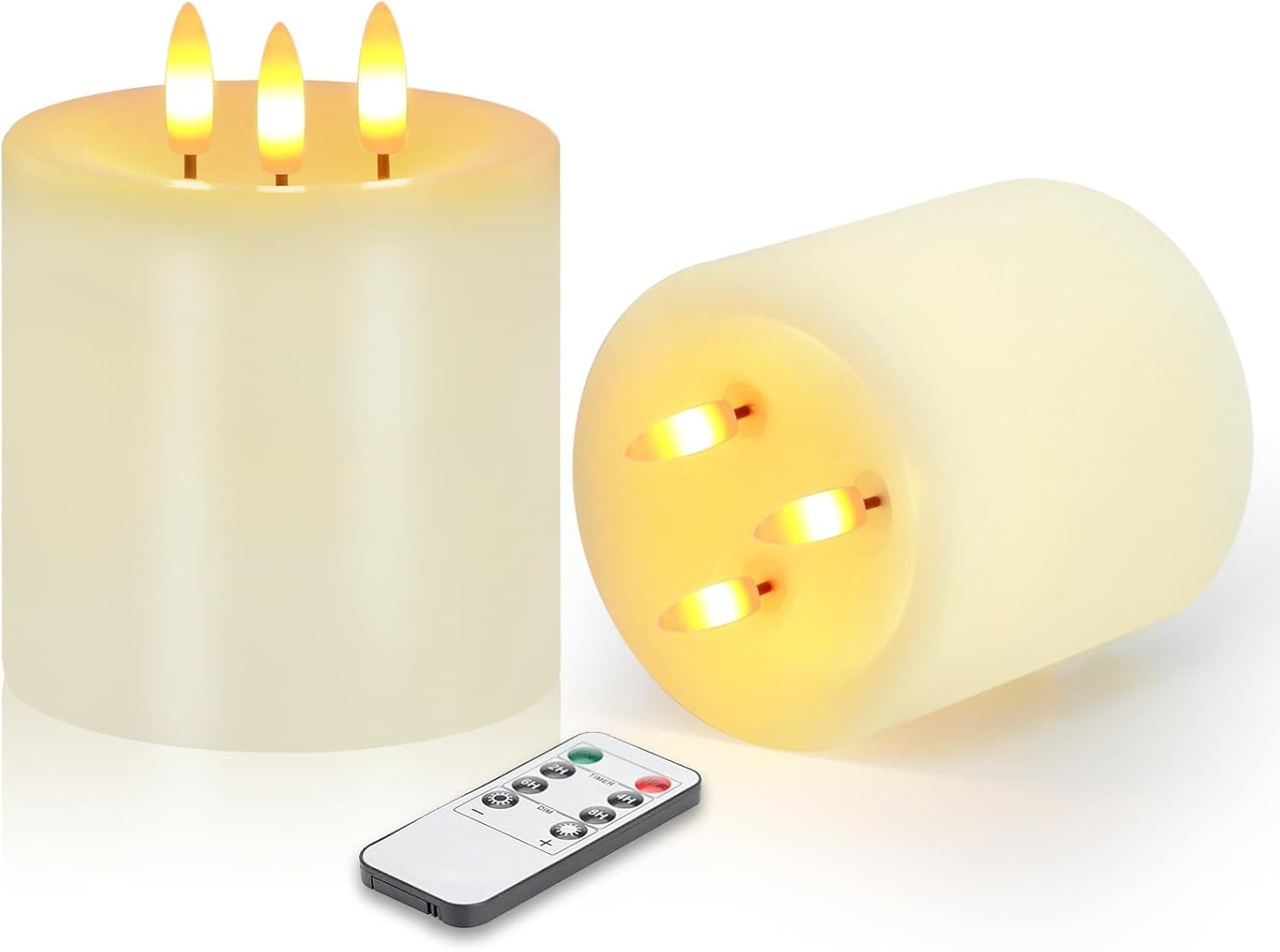 3 Wick Flameless Candles Set of 2, 4"x4" Flickering Large Flameless Candles with Remote & Timer, Dimmable Real Wax Electric Pillar Candles Battery Operated,  LED Candles for Home Wedding Xmas Decor