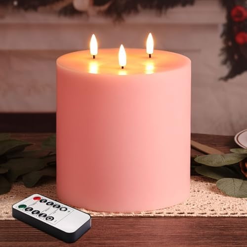 3 Wick Flameless Pillar Candle with Remote, Large Pink LED Candle 6x6 in Battery Operated Flickering