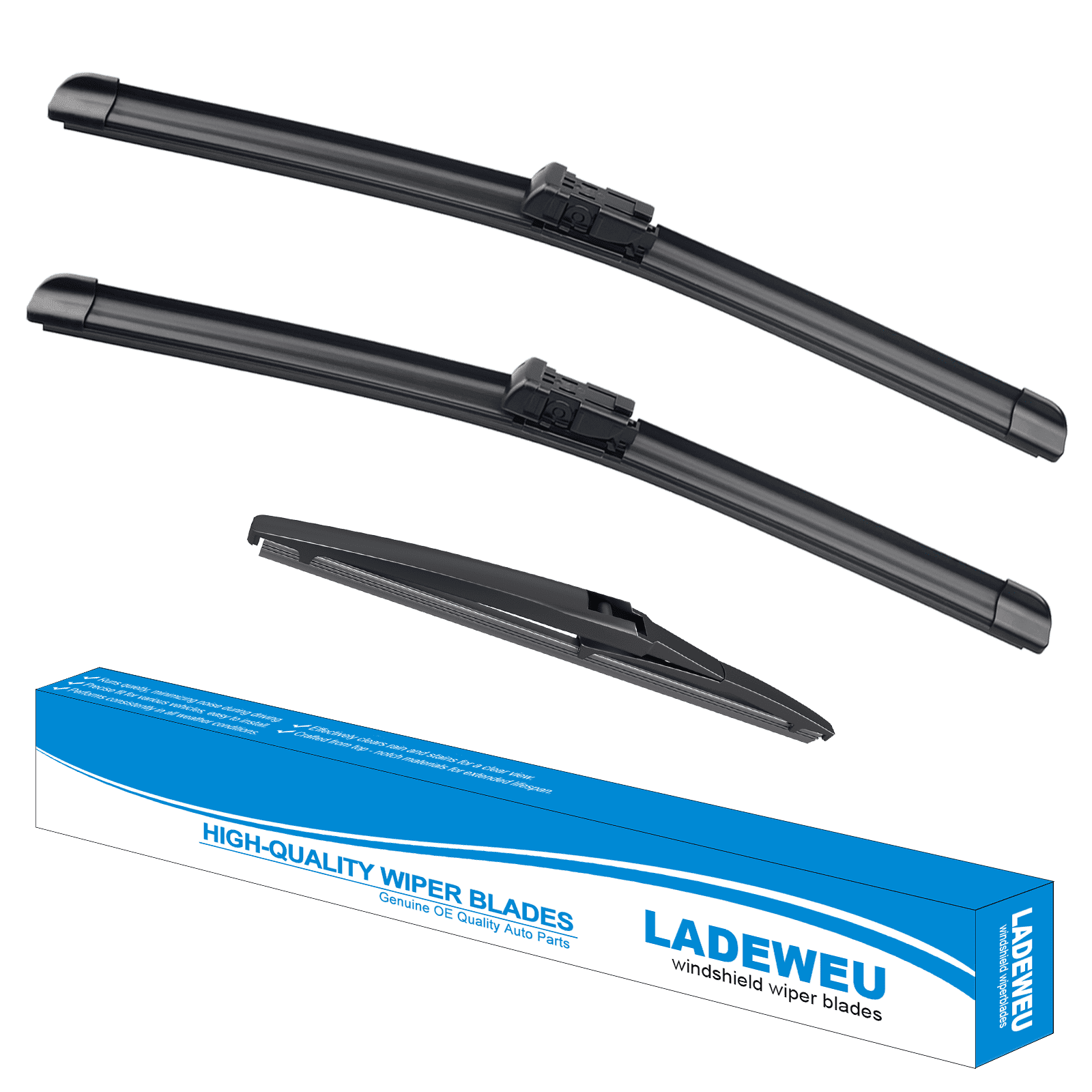 LADEWEU® 3 Wipers 24"+16"+12" for Chevrolet Spark 2013-2015 All Weather Original Equipment Replacement Front with Rear Windshield Wiper Blades Set (Pack of 3)