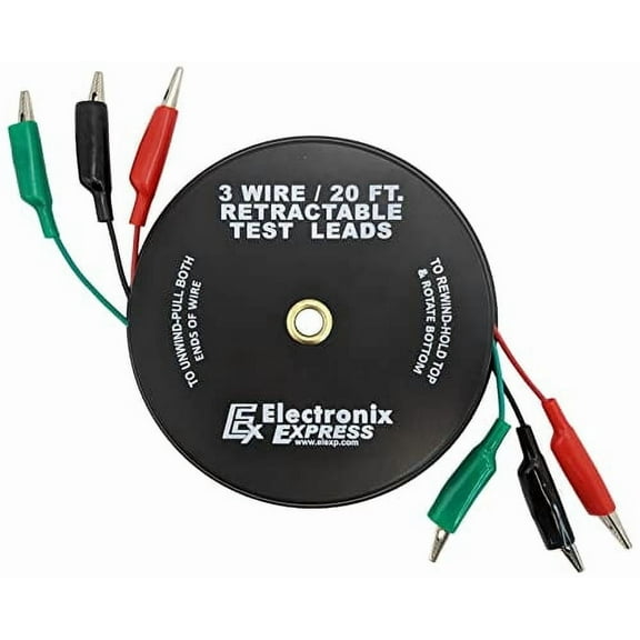 3 Wire 20 Foot Retractable Test Leads, Red/Black/Green 18 Gauge Wire with Alligator Clips on Each End, Ideal for Electrical Troubleshooting Cars, Trailers, Boats