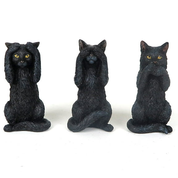 3 Wise Black Kittens Cat - Hear, Speak, See No Evil - Figurine Miniature 3.75"H New