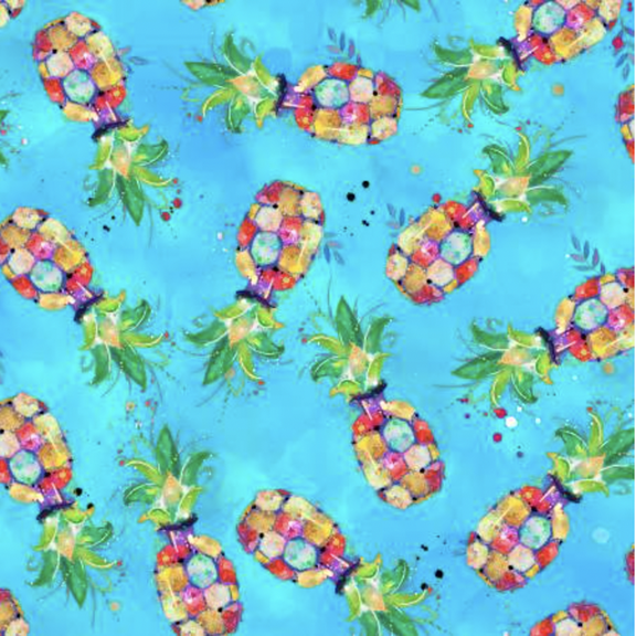 3 Wishes 17321 Party Animals Animal Pineapples Turquoise Cotton Fabric By The Yard