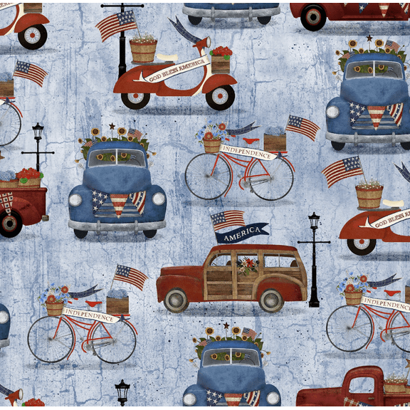 3 Wishes 17345 Patriotic Summer Vehicle Blue Cotton Fabric By The Yard