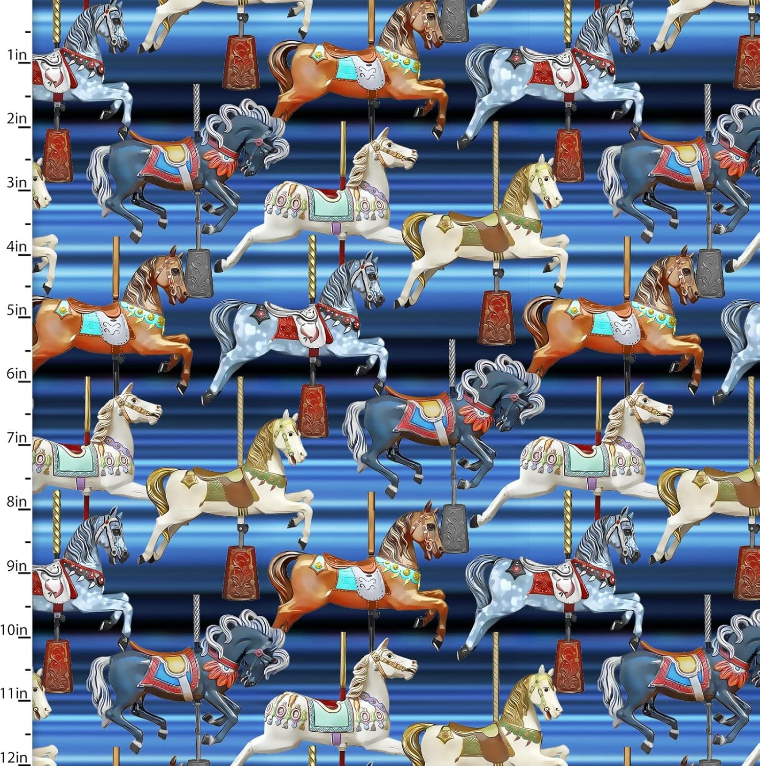3 Wishes Amazement Park Horse Carousel Blue Fabric by The Yard