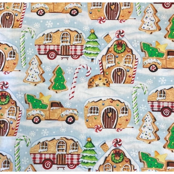 3 Wishes Christmas Gingerneering Gingerbread Campers on Blue 100% Cotton By the yard