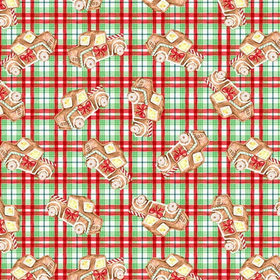 3 Wishes Christmas Gingerneering Gingerbread Trucks Plaid 100% Cotton By the yard