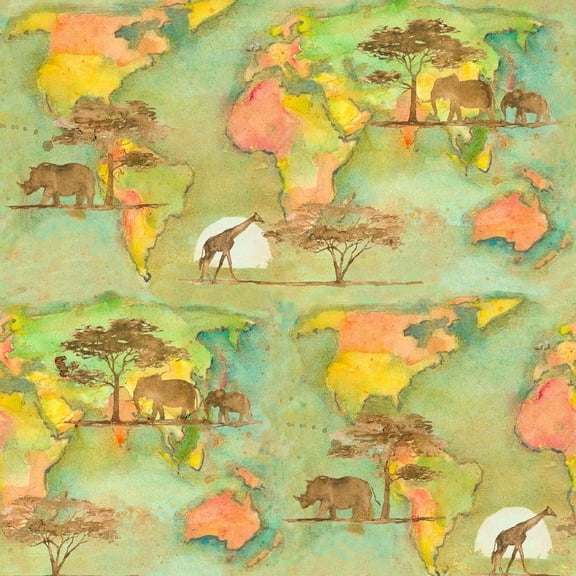 3 Wishes Into The Wild by John Keeling 20178 Green World Map Fabric BTY