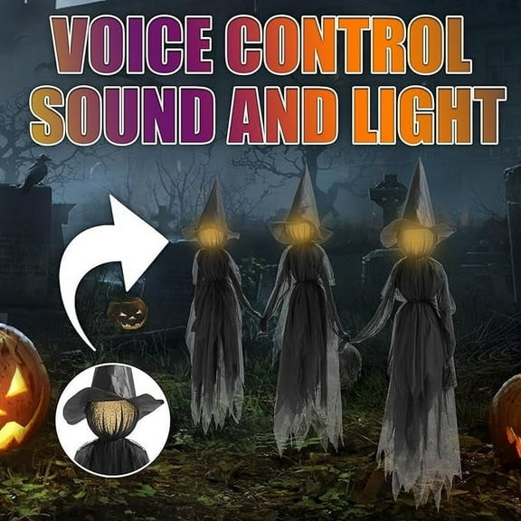 3 Witches Holding Hands,Halloween Witches Outdoor,Halloween Witch Decorations,Light Up Holding Hands Screaming Witches Sound-Activated Sensor with Stakes(2pcs 60in)