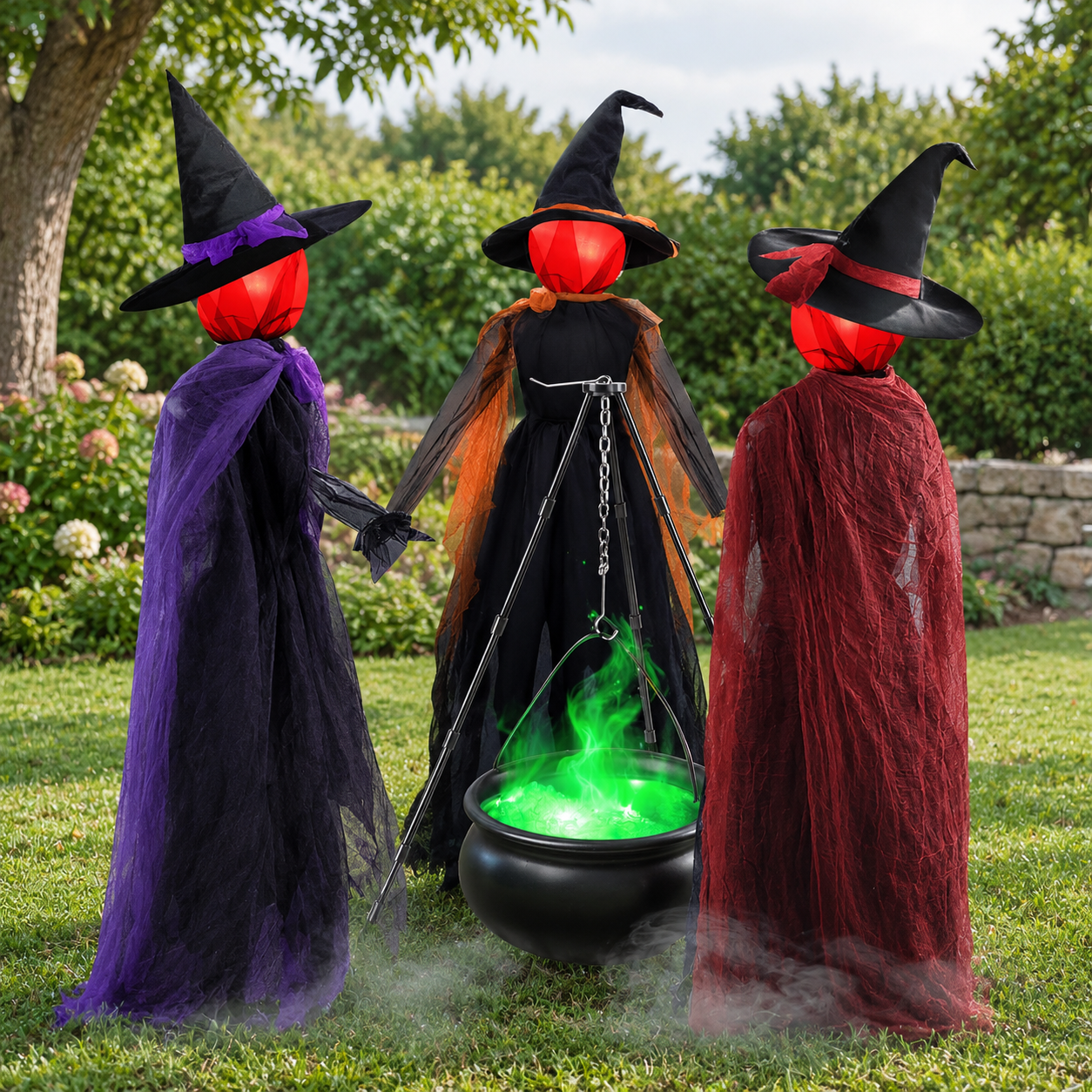 3 Witches Light Up Cauldron Outdoor Decor, 5.5 Ft Life-Sized Set with ...
