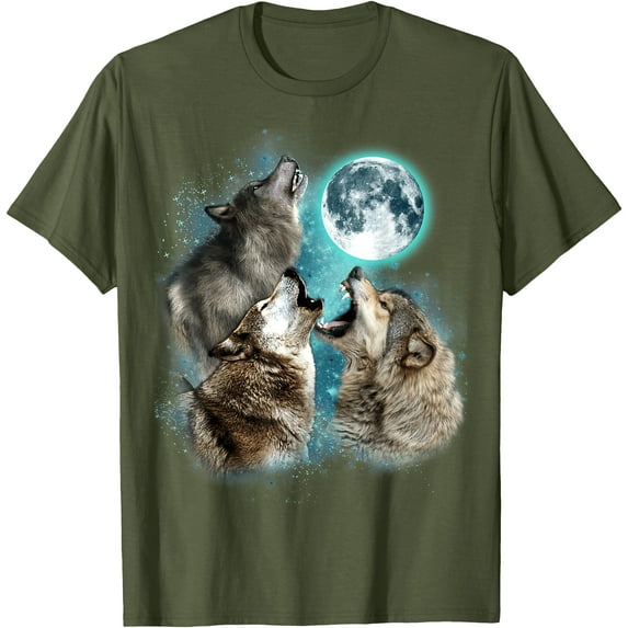 3 Wolf Moon Howling Wolf Head Funny Wolves Unisex T-Shirt for Men Women Kids Toddler,Military Green Color,Size XL