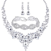 3 Women Jewelry Set Rhinestone Crystal Bride Statement Choker Necklace Tiara Crown Link Bangle Bracelet Teardrop Dangle Earrings Set for Wedding Party