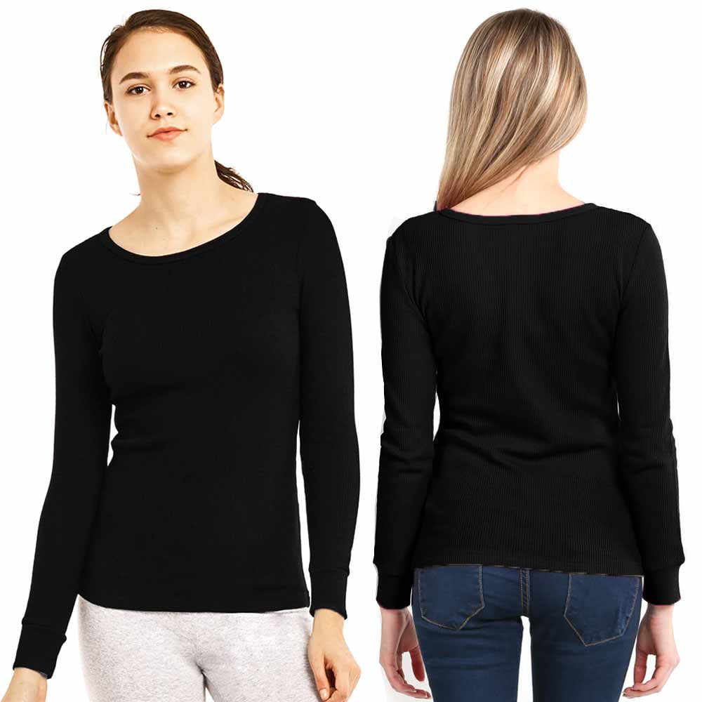 3 Women Thermal Long Sleeve Solid Waffle Knit T-Shirt Top Basic Black Size  S M L 