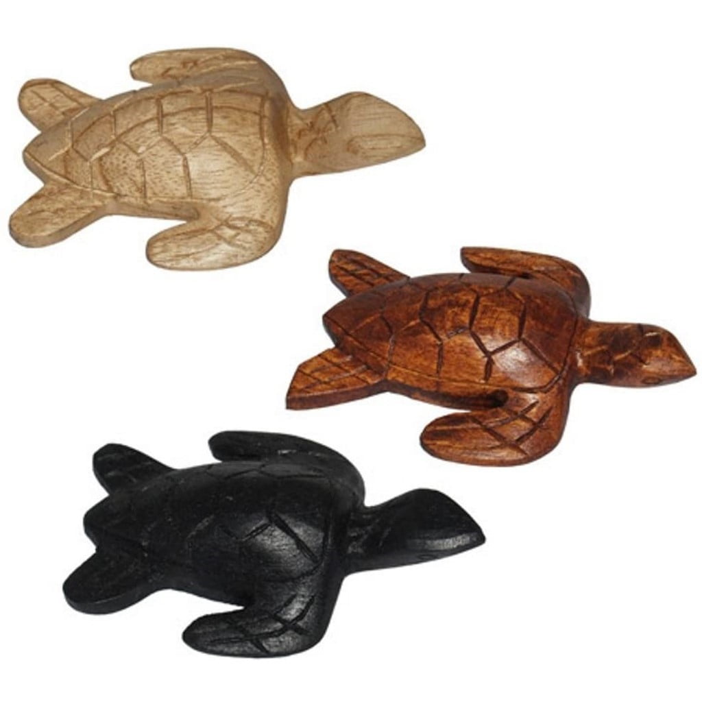 Set of 3 Natural Wood Sea Turtle Figurines in Black, Brown, and Beige