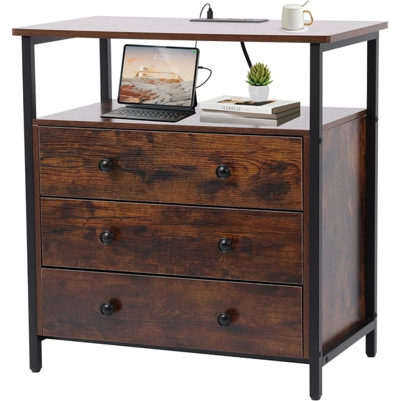 3 Wooden Drawers Night Stand, 27 Inch Wide Nightstand with Charging Station and Adjustable Drawers, Small Dresser for Closet, Bedside Table for Living Room/Bedroom/Office, Retro Brown