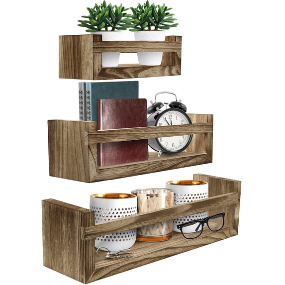 3 Wooden Floating Shelves - Rustic Mahogany Color Wall Mount Shelf – 3 Variable Sizes