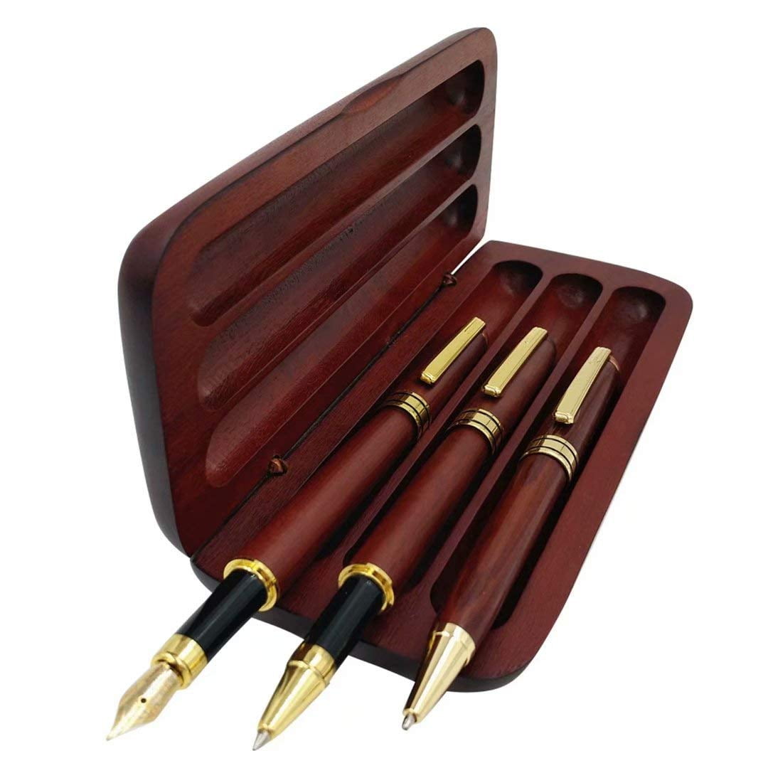 3 Wooden Pens Set With Gift Case/best Writing Fountain Fancy Ballpoint Pen And Luxury Gel Ink Refills  Promotional Business Designer