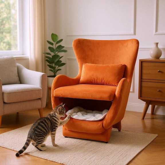 3-Word Core Keyword: Velvet Accent Chair 2-in-1 Pet Friendly Lounge Chair with Hidden Cat/Small Pet Nook, Ergonomic Upholstered Back