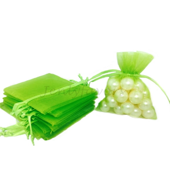 3" X 4" Apple Green Drawstring Sheer Organza Bags (24 Pieces)