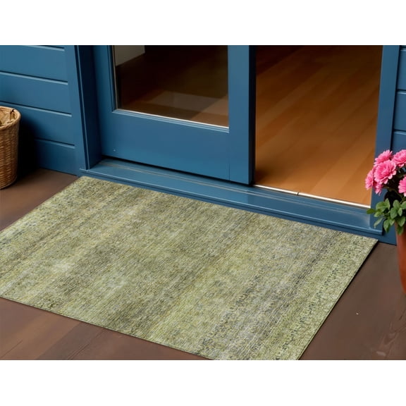 HomeRoots 605759 3 x 5 ft. Artichoke Green, Brown & Gray Striped Washable Indoor & Outdoor Rectangle Area Rug