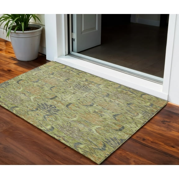 HomeRoots 603299 3 x 5 ft. Artichoke Green, Gray & Tan Damask Washable Indoor & Outdoor Rectangle Area Rug