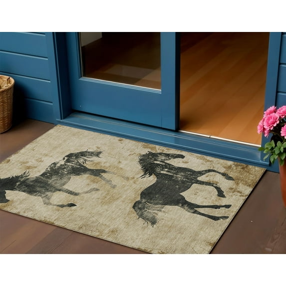HomeRoots 618637 3 x 5 ft. Beige & Charcoal Horse Washable Indoor & Outdoor Rectangle Area Rug
