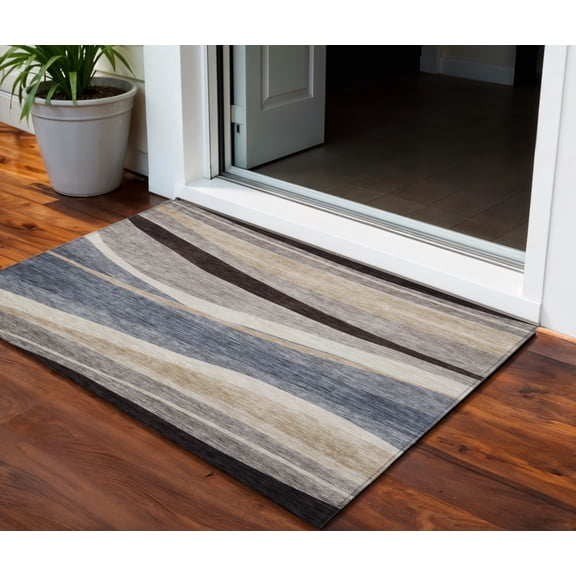 HomeRoots 603677 3 x 5 ft. Blue, Brown & Beige Abstract Washable Indoor & Outdoor Rectangle Area Rug