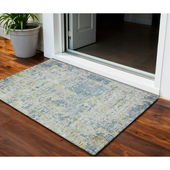 HomeRoots 604541 3 x 5 ft. Blue, Gray & Green Abstract Washable Indoor & Outdoor Rectangle Area Rug