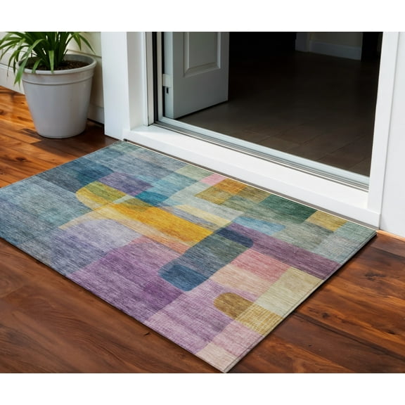 HomeRoots 604282 3 x 5 ft. Blue, Green & Purple Abstract Washable Indoor & Outdoor Rectangle Area Rug