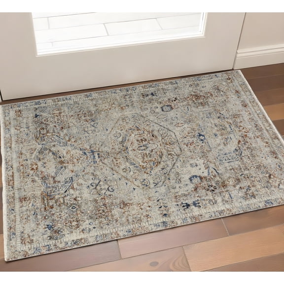 3' X 5' Blue Tan And Red Oriental Distressed Area Rug With Fringe