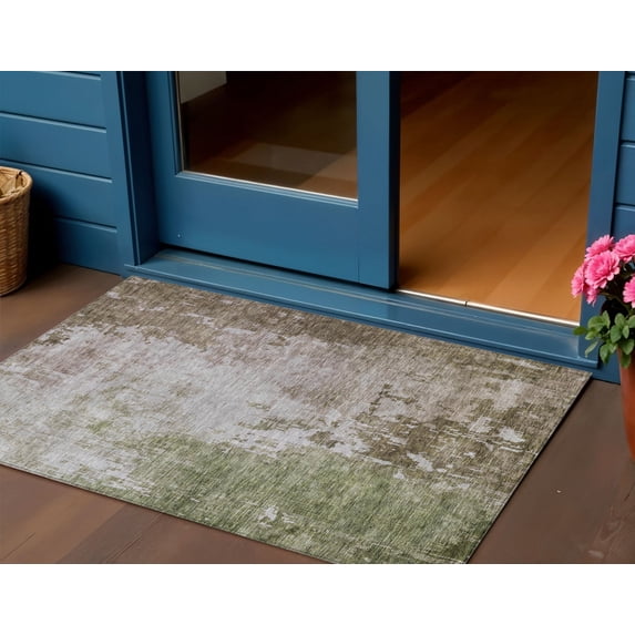 HomeRoots 605512 3 x 5 ft. Brown & Green Abstract Washable Indoor & Outdoor Rectangle Area Rug