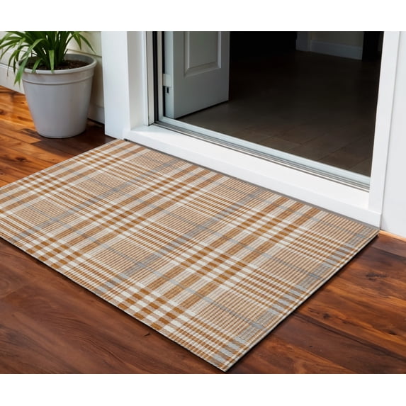 3' X 5' Brown Beige And Beige Plaid Washable Indoor Outdoor Area Rug