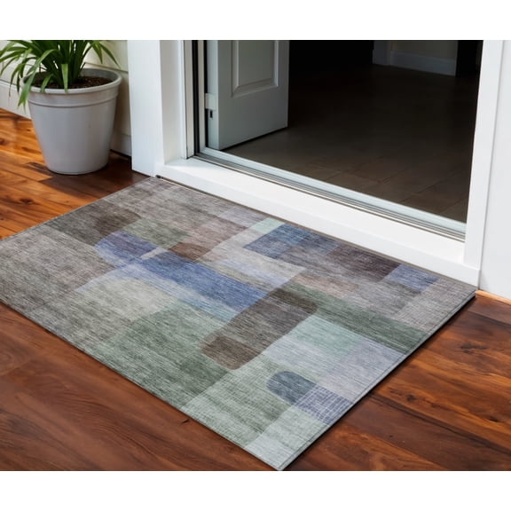 HomeRoots 604276 3 x 5 ft. Brown, Green & Blue Abstract Washable Indoor & Outdoor Rectangle Area Rug