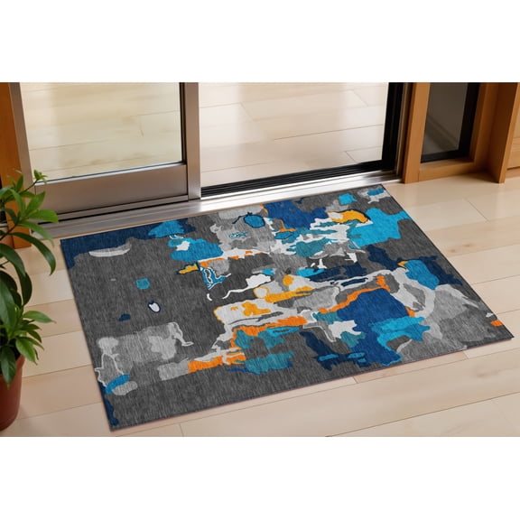 HomeRoots 599544 3 x 5 ft. Charcoal, Copper & Teal Blue Abstract Washable Indoor & Outdoor Rectangle Area Rug