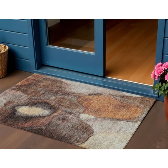 HomeRoots 605831 3 x 5 ft. Coffee, Copper & Beige Abstract Washable Indoor & Outdoor Rectangle Area Rug
