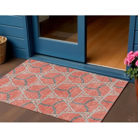HomeRoots 613488 3 x 5 ft. Coral & Taupe Geometric Washable Indoor & Outdoor Rectangle Area Rug