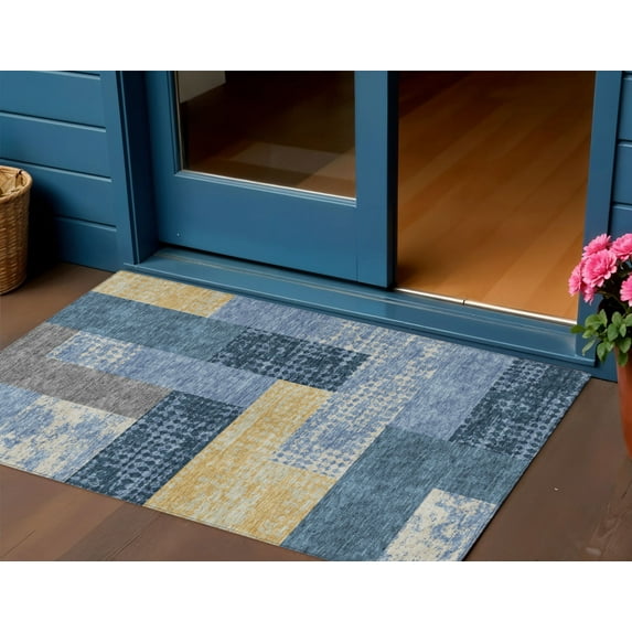 HomeRoots 612406 3 x 5 ft. Denim Blue & Gold Geometric Washable Indoor & Outdoor Rectangle Area Rug