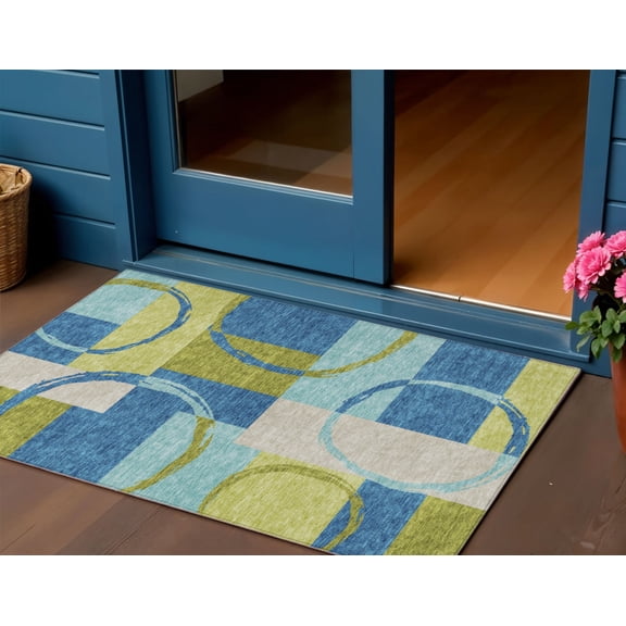 HomeRoots 612575 3 x 5 ft. Denim Blue & Lime Green Geometric Washable Indoor & Outdoor Rectangle Area Rug