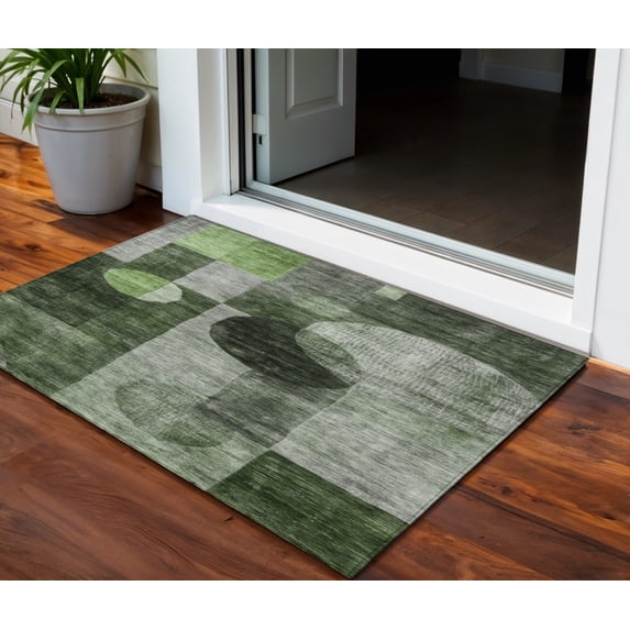 3' X 5' Fern Green And Gray Geometric Washable Indoor Outdoor Area Rug