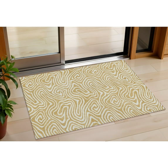 HomeRoots 598962 3 x 5 ft. Gold & Beige Abstract Washable Indoor & Outdoor Rectangle Area Rug