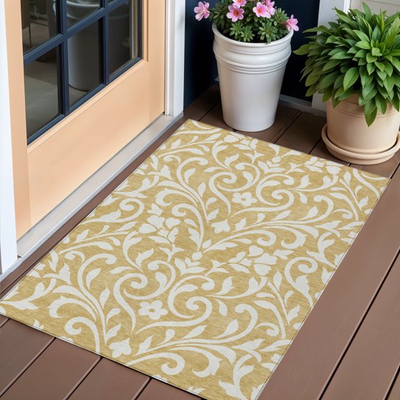 3' X 5' Gold And Beige Floral Washable Indoor Outdoor Area Rug
