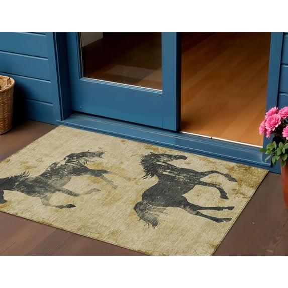 HomeRoots 618649 3 x 5 ft. Gold & Charcoal Horse Washable Indoor & Outdoor Rectangle Area Rug